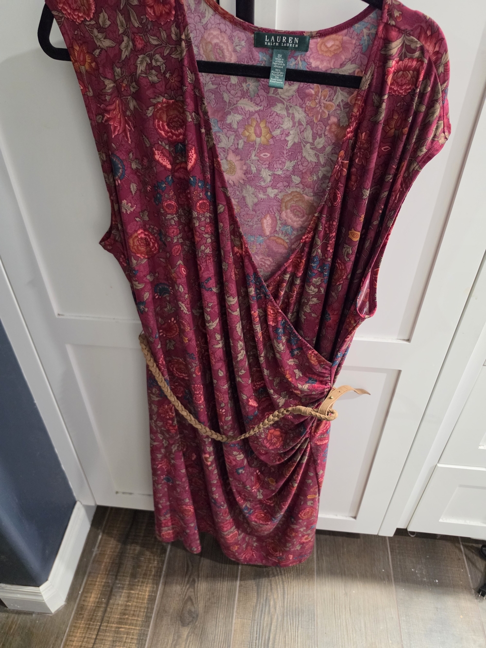 Ralph Lauren Burgundy Floral Wrap Midi Dress with Braided Belt